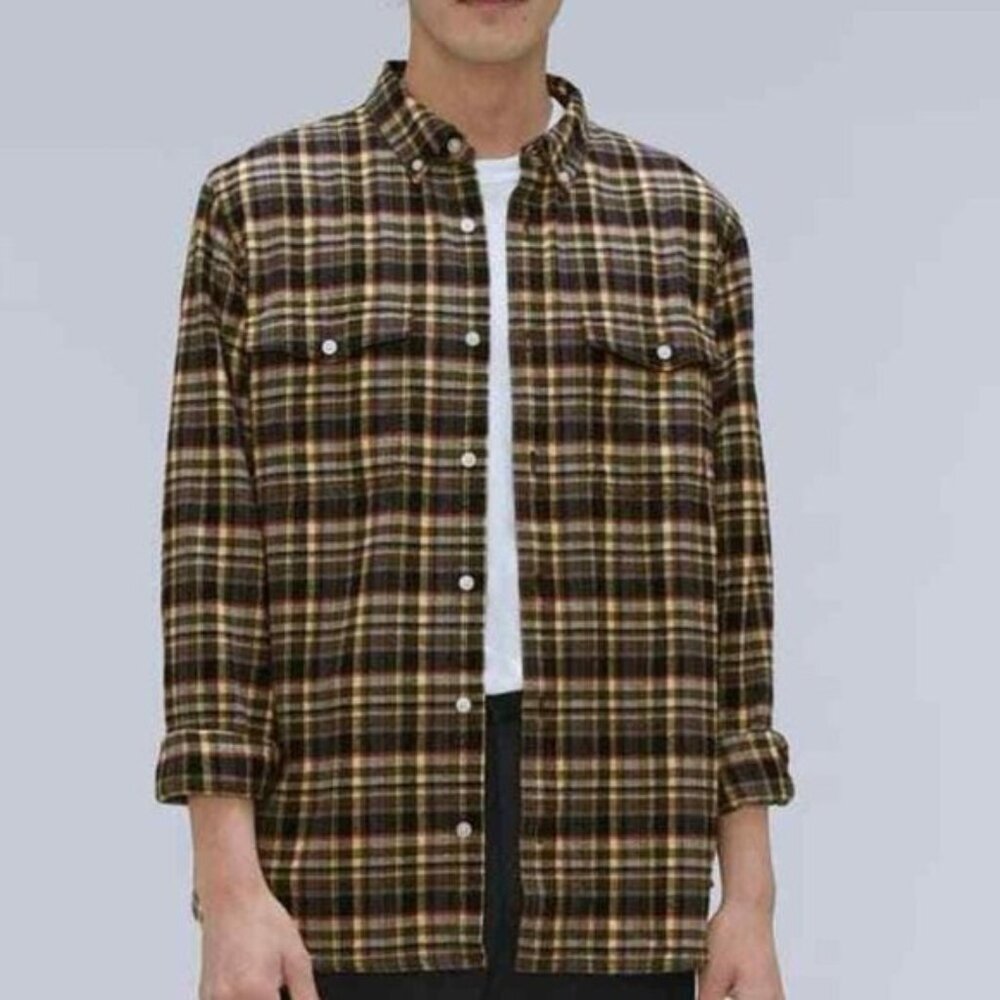 Everlane Men The Brushed Flannel Long Sleeve Shirt Black/Beech Plaid S